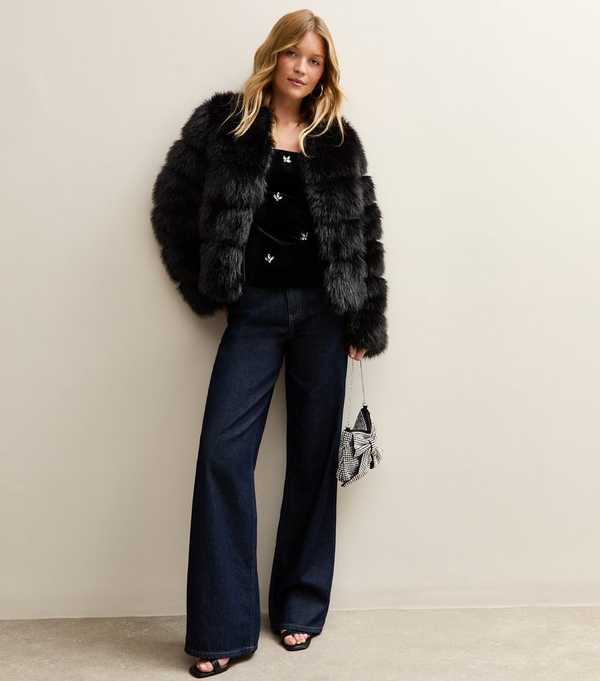 New Look Black Panelled Faux Fur Jacket