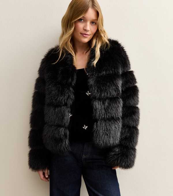 new look Black Panelled Faux Fur Jacket