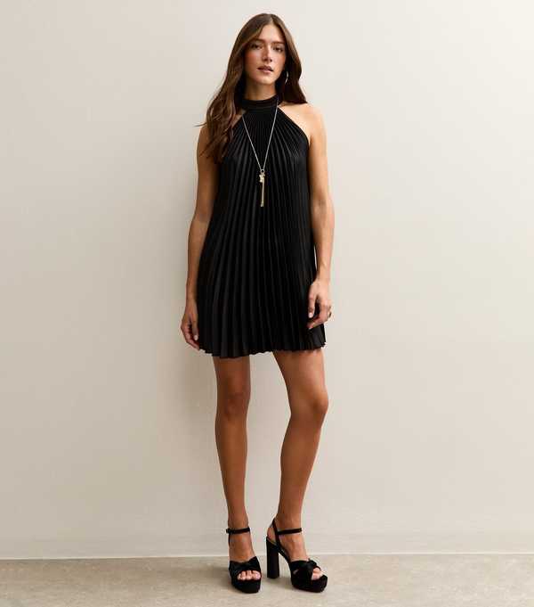 New Look Black Pleated Halterneck Mini Dress
