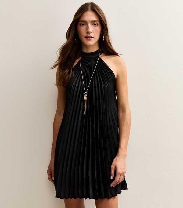 new look Black Pleated Halterneck Mini Dress