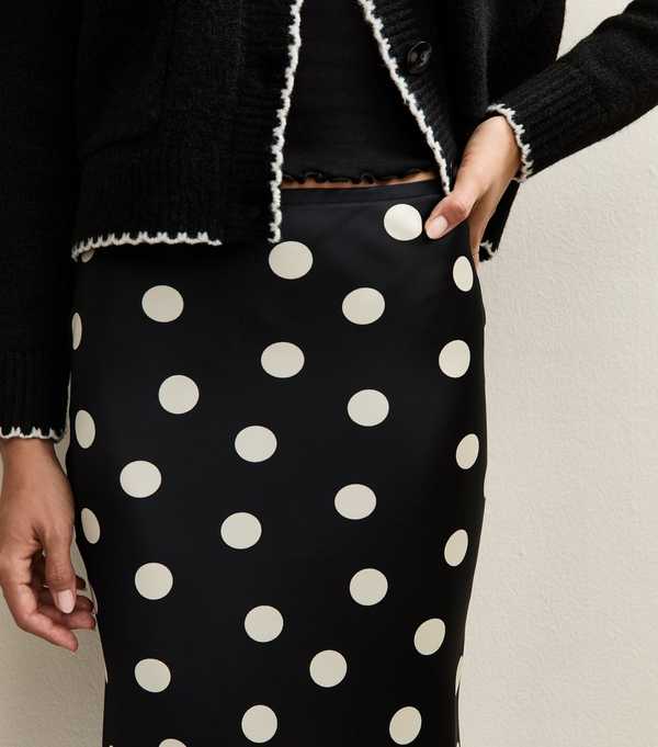 New Look Black Polka Dot Bias Cut Midi Skirt