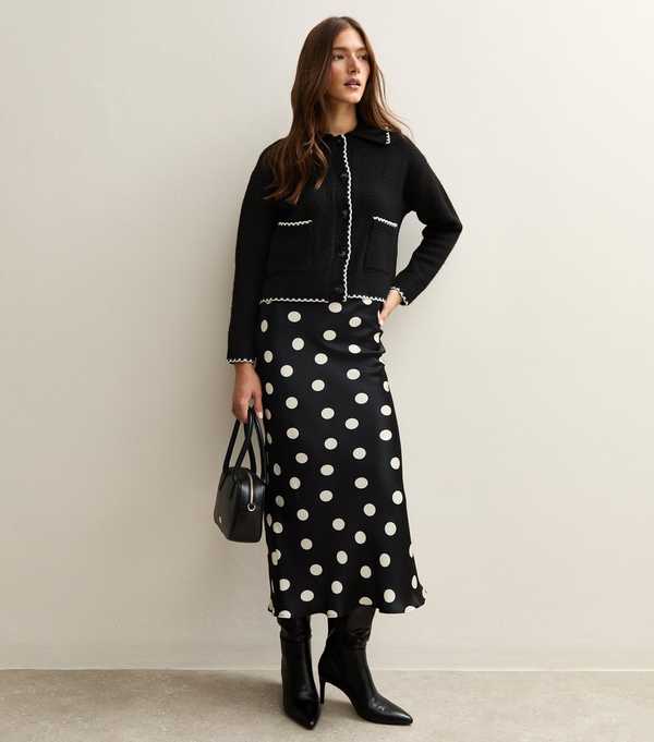New Look Black Polka Dot Bias Cut Midi Skirt