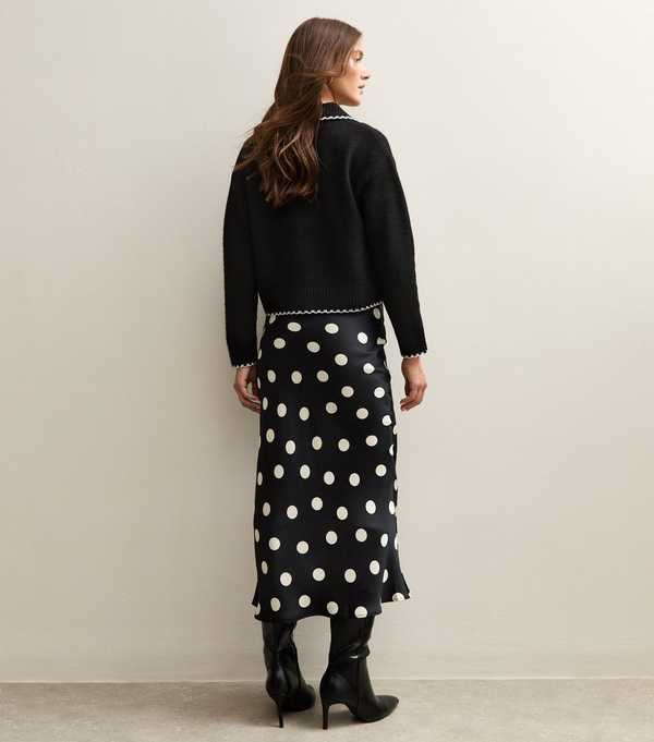 New Look Black Polka Dot Bias Cut Midi Skirt
