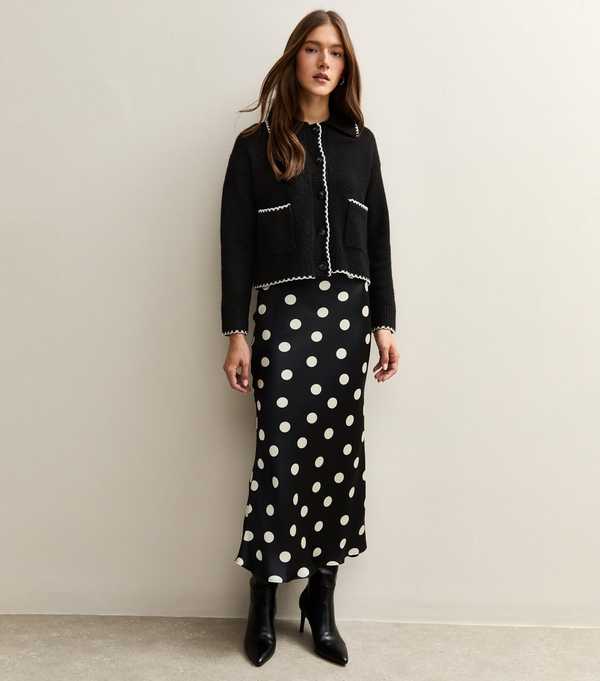 new look Black Polka Dot Bias Cut Midi Skirt