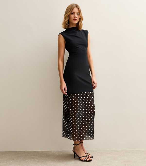 New Look Black Polka Dot Hem Midi Dress