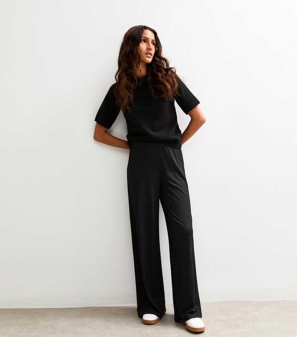 New Look Black Ribbed Wide Leg Trousers