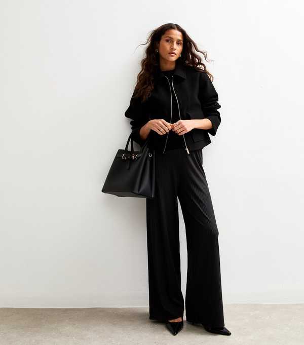 new look Black Ribbed Wide Leg Trousers