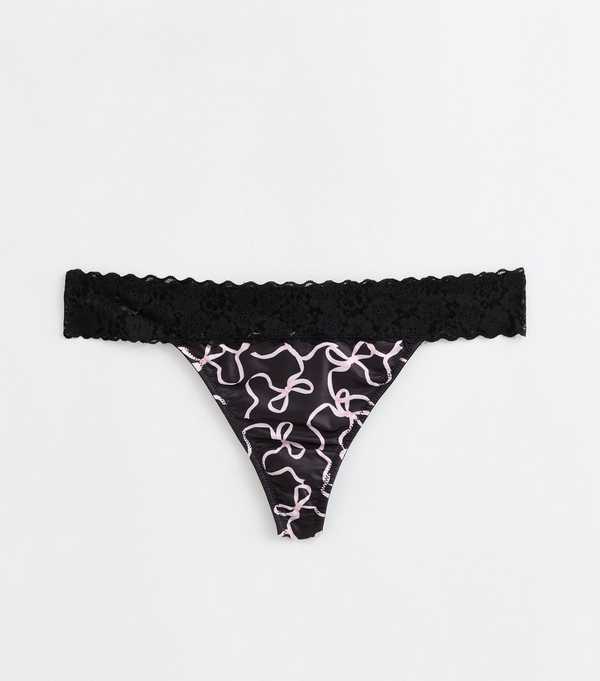 New Look Black Ribbon Print Lace Trim Thong