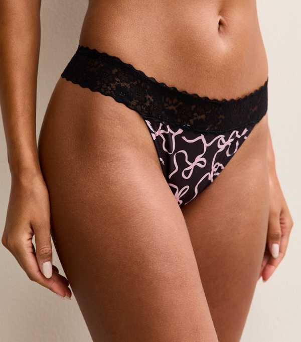 new look Black Ribbon Print Lace Trim Thong