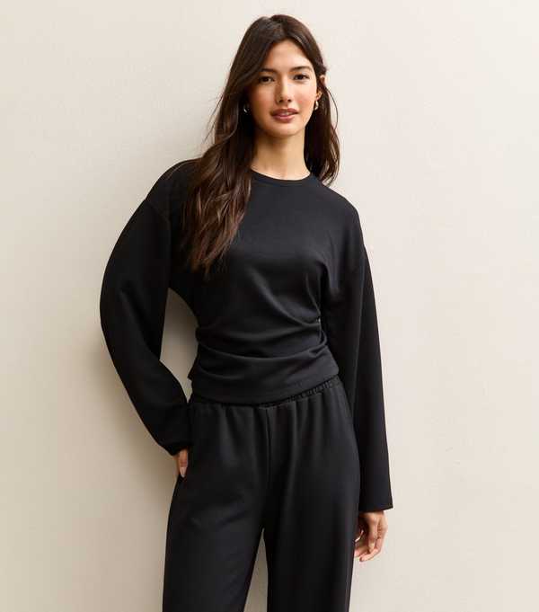 new look Black Ruched Waist Cropped Sweatshirt