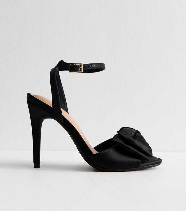 New Look Black Satin Bow Front Stiletto Sandals