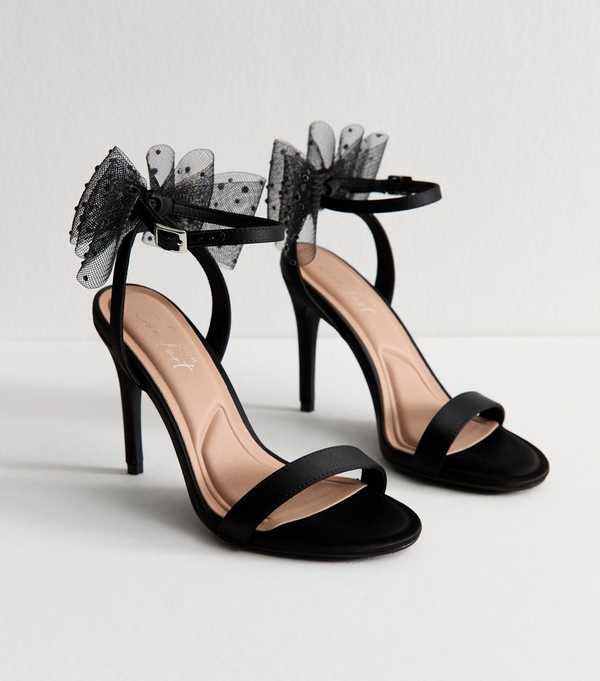 New Look Black Satin Embellished Mesh Bow Sandals