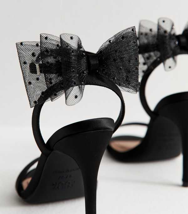 New Look Black Satin Embellished Mesh Bow Sandals