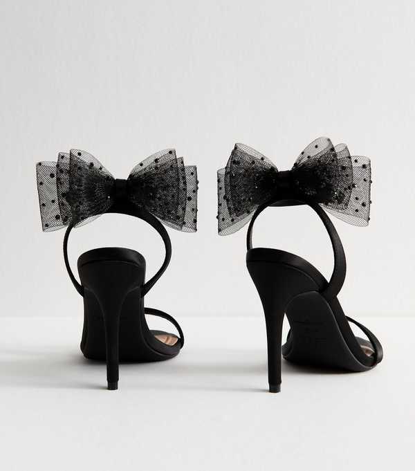 New Look Black Satin Embellished Mesh Bow Sandals