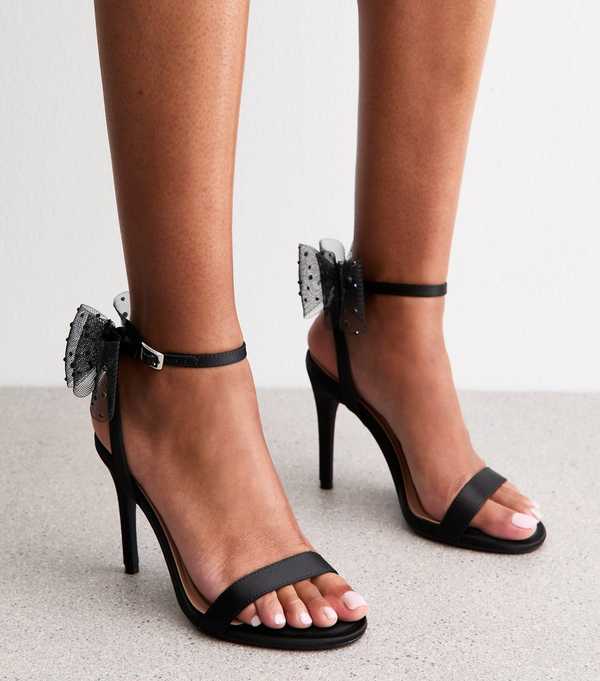 new look Black Satin Embellished Mesh Bow Sandals