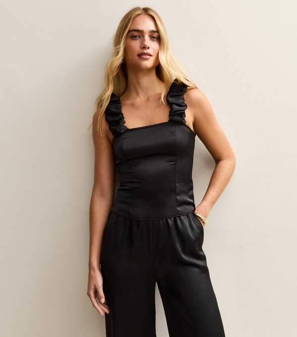New Look Black Satin Ruched Strap Cami
