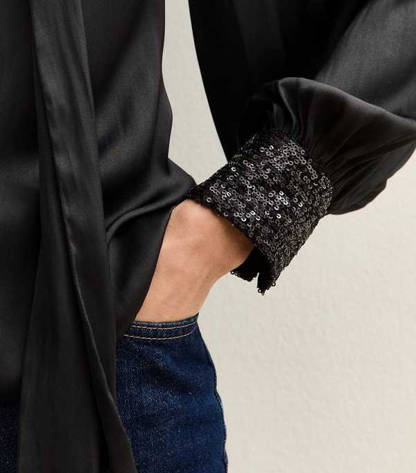 New Look Black Satin Sequin Cuff Blouse