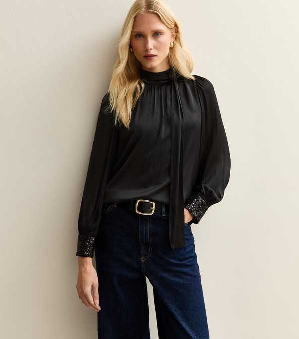 new look Black Satin Sequin Cuff Blouse