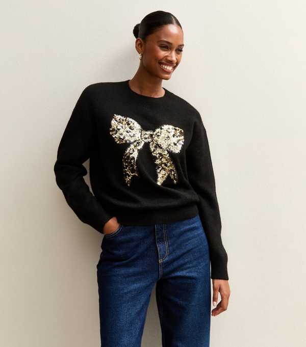 New Look Black Sequin Bow Crew Neck Jumper
