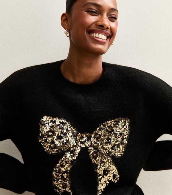 New Look Black Sequin Bow Crew Neck Jumper