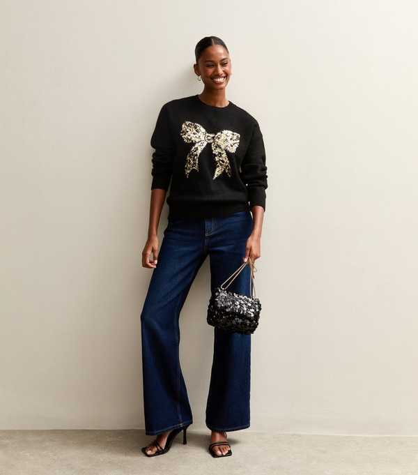new look Black Sequin Bow Crew Neck Jumper