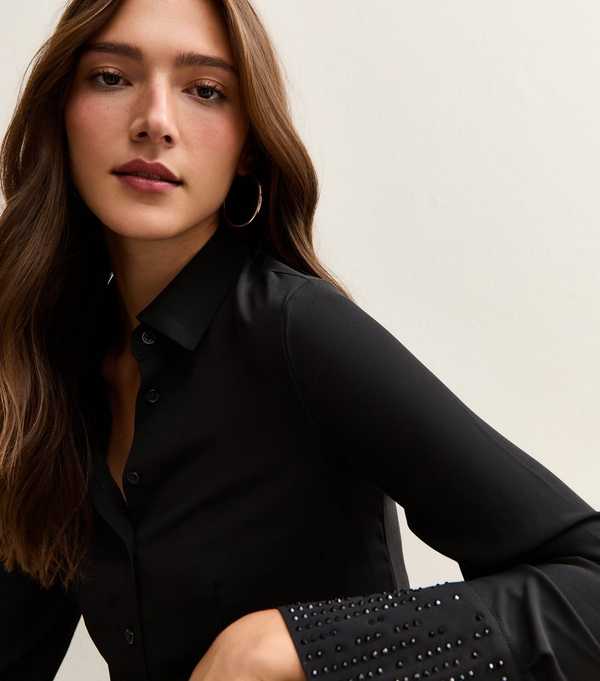 New Look Black Sequin Cuff Long Sleeve Shirt