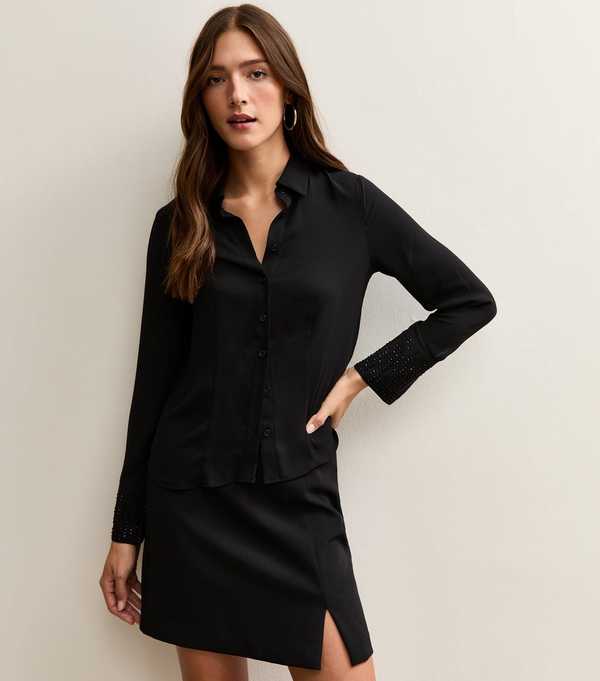 new look Black Sequin Cuff Long Sleeve Shirt