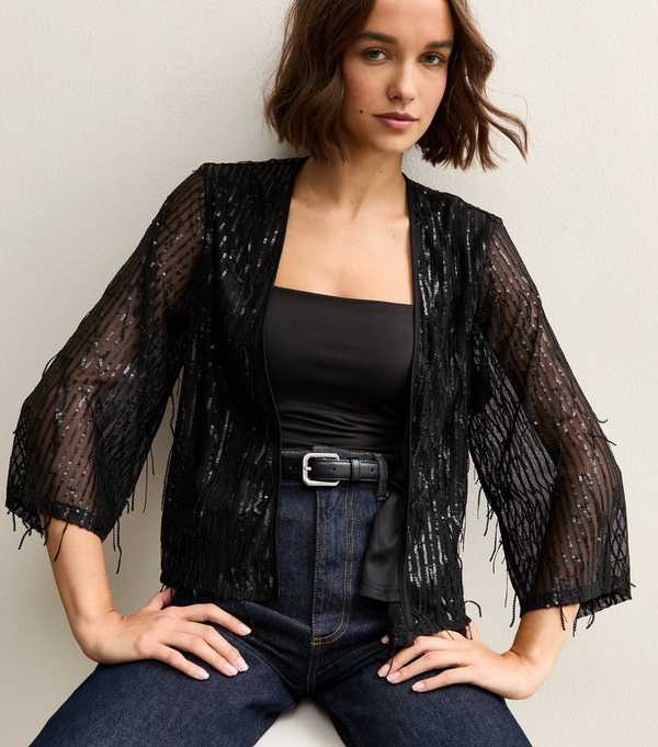 new look Black Sequin Fringe Cardigan