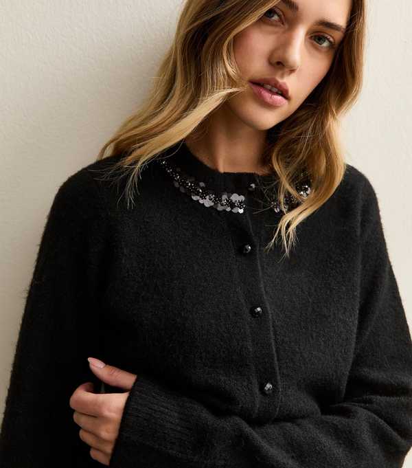 new look Black Sequin Neck Trim Cardigan