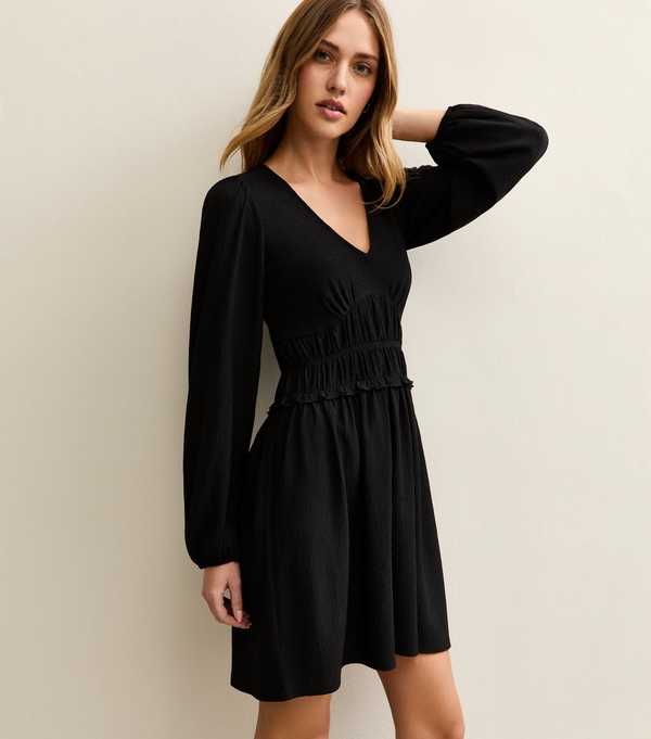new look Black Shirred Waist Mini Dress