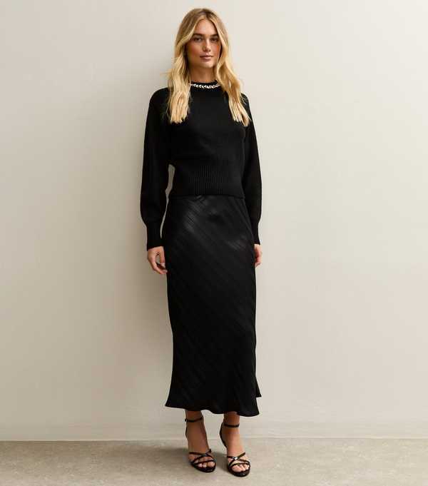 New Look Black Striped Satin Bias Cut Midi Skirt