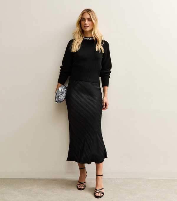 new look Black Striped Satin Bias Cut Midi Skirt