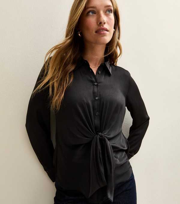 New Look Black Tie Front Satin Long Sleeve Shirt
