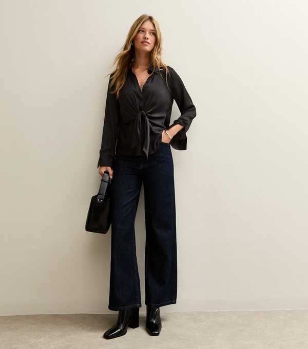 New Look Black Tie Front Satin Long Sleeve Shirt