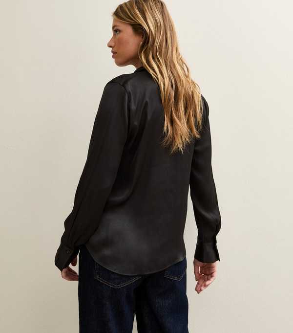 New Look Black Tie Front Satin Long Sleeve Shirt
