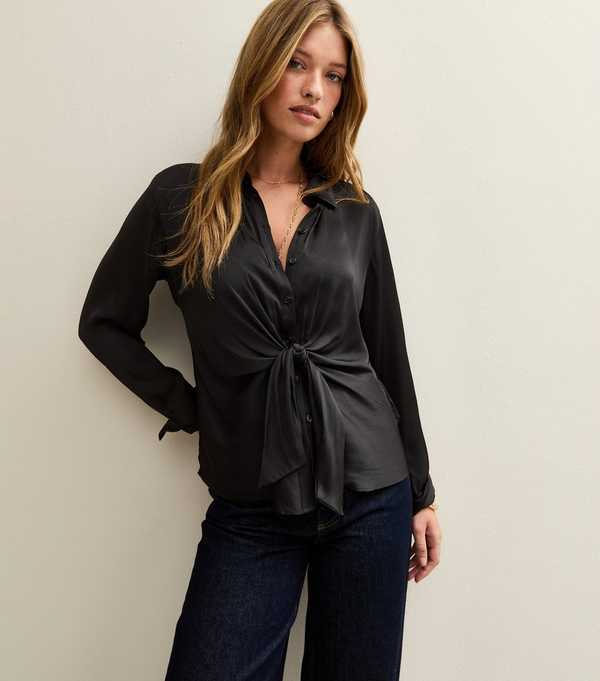 new look Black Tie Front Satin Long Sleeve Shirt