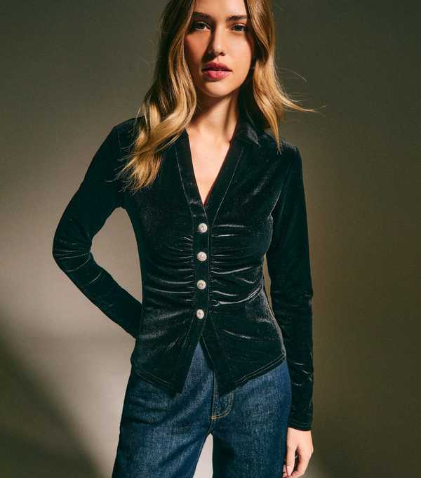 New Look Black Velvet Diamante Button Shirt