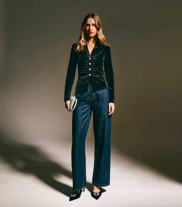 New Look Black Velvet Diamante Button Shirt