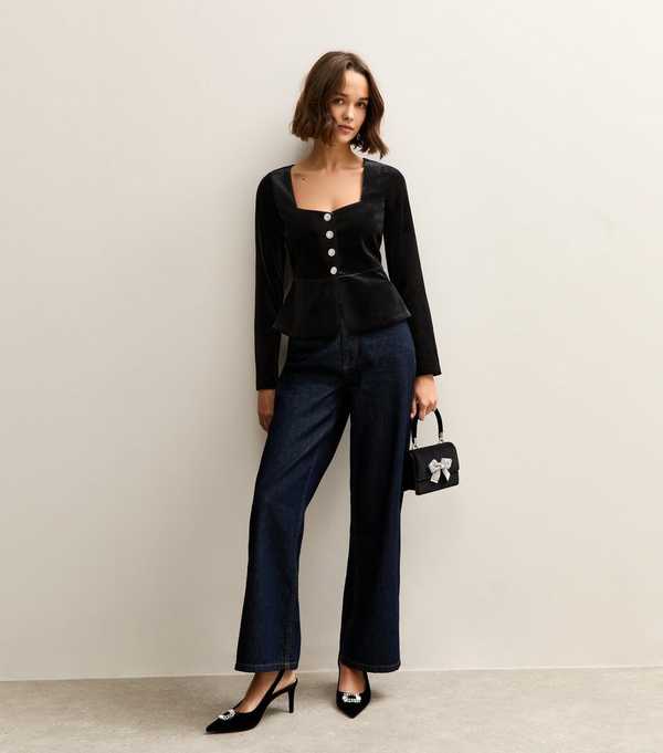 New Look Black Velvet Gem Button Long Sleeve Top