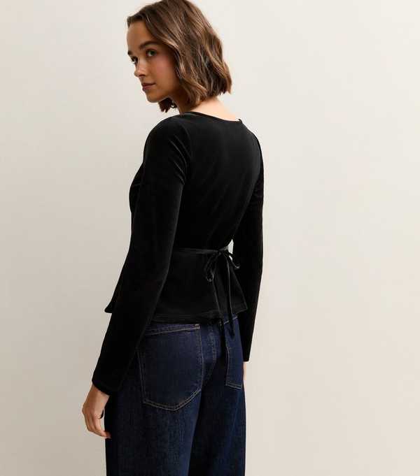 New Look Black Velvet Gem Button Long Sleeve Top