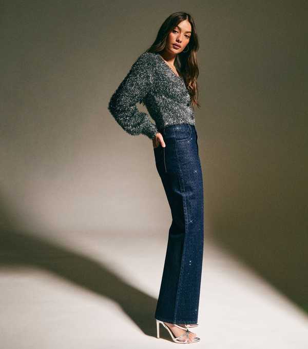 New Look Blue Diamanté Embellished Wide Leg Jeans