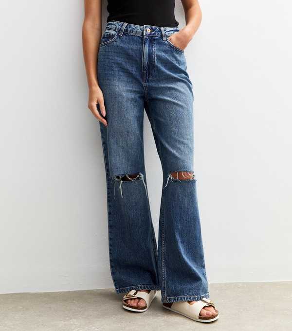 New Look Blue Ripped Knee Adalae Wide Leg Jeans