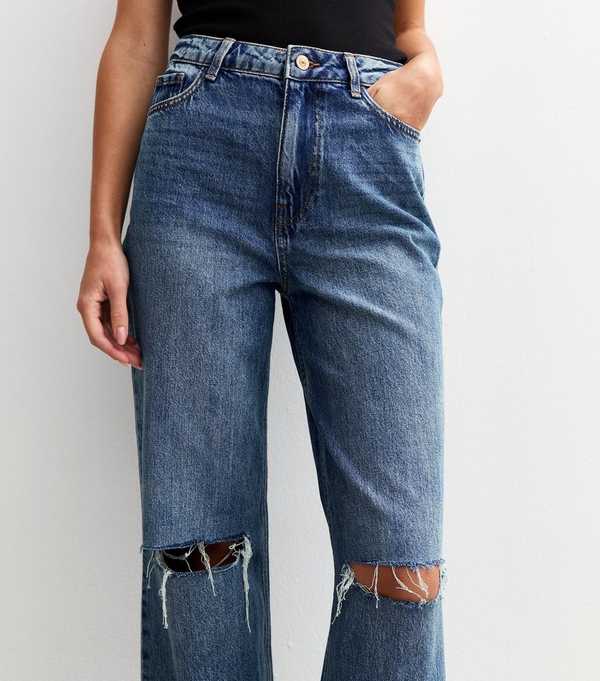 New Look Blue Ripped Knee Adalae Wide Leg Jeans
