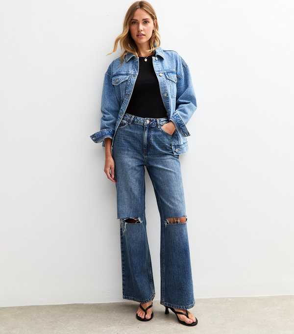 new look Blue Ripped Knee Adalae Wide Leg Jeans