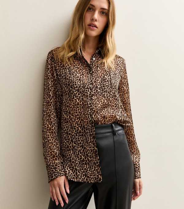New Look Brown Animal Print Metallic Thread Shirt