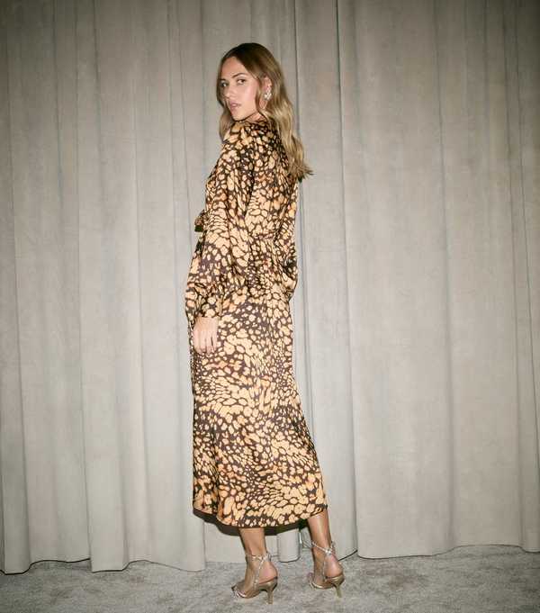 New Look Brown Animal Print Satin Wrap Midi Dress