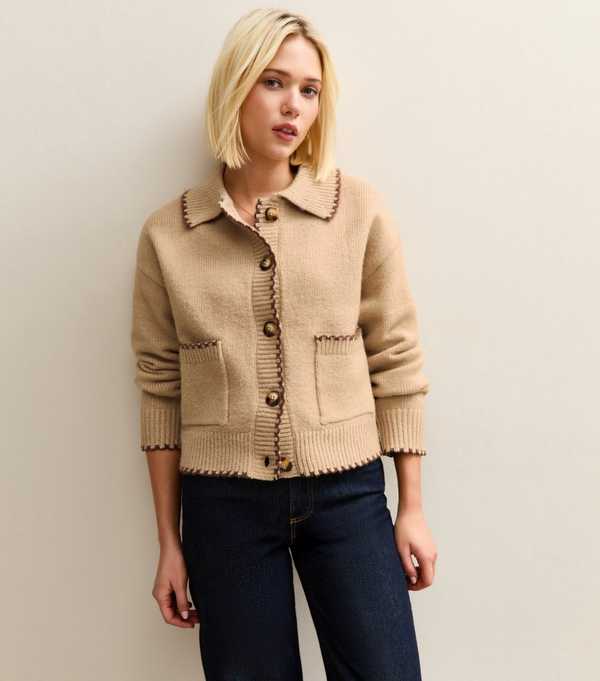 New Look Brown Blanket Stitch Collared Cardigan