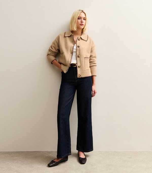 New Look Brown Blanket Stitch Collared Cardigan