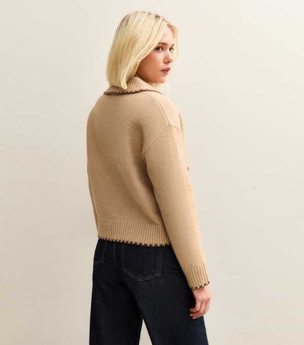 New Look Brown Blanket Stitch Collared Cardigan