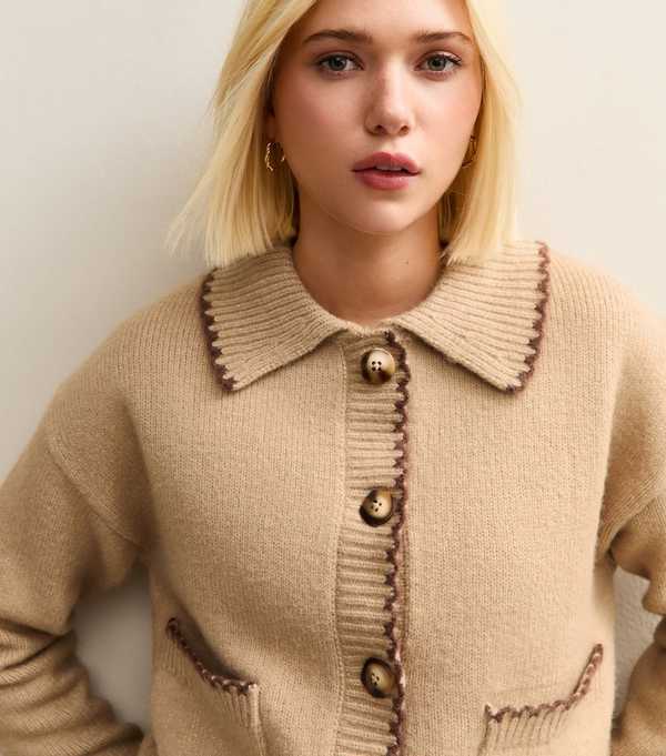 new look Brown Blanket Stitch Collared Cardigan